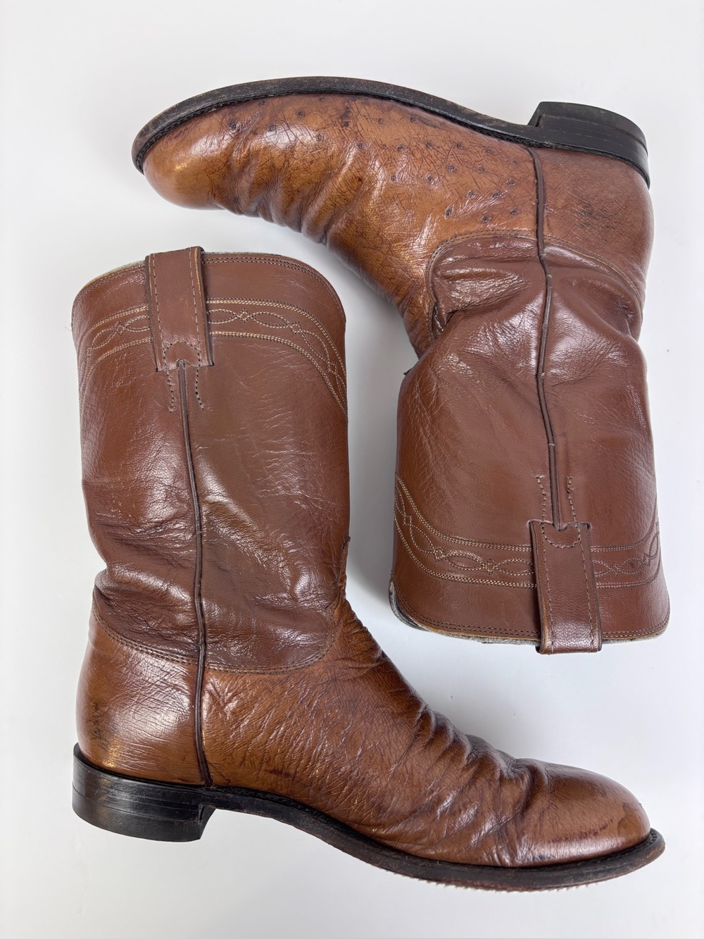 Vintage Justin Boots Smooth Quill Ostrich Leather Western Roper Cowboy Brown 9B - Picture 8 of 14